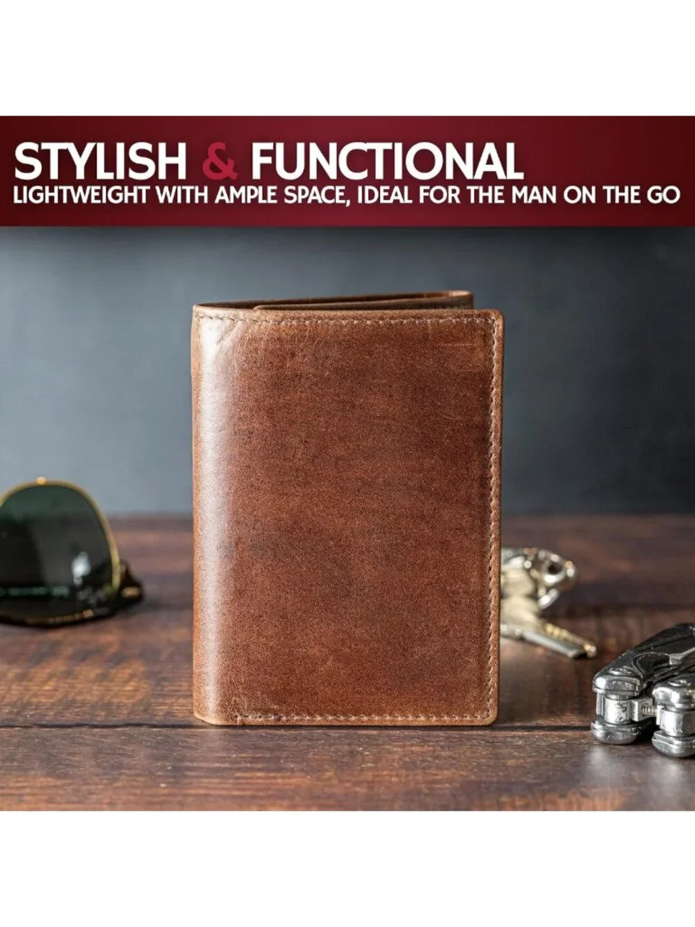 Leather Trifold Wallet for Men - Grizzly Brown, RFID Blocking, ID Holder, Great